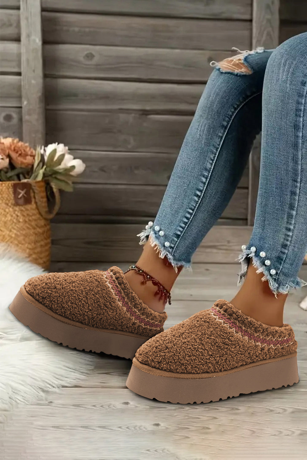 🤎 Winter Warmth Meets Style! ❄️ | Chestnut Embroidered Sherpa Plush Thick Sole Snow Boots 🧣