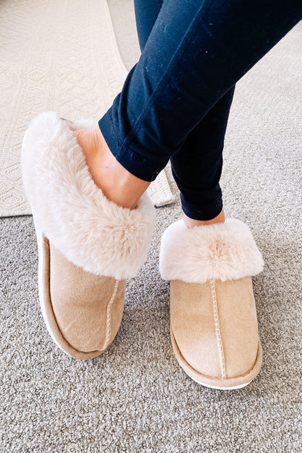 🤎 Snuggle in Style! ✨ Khaki Cut & Sew Faux Suede Plush Lined Slippers 🐾❄️