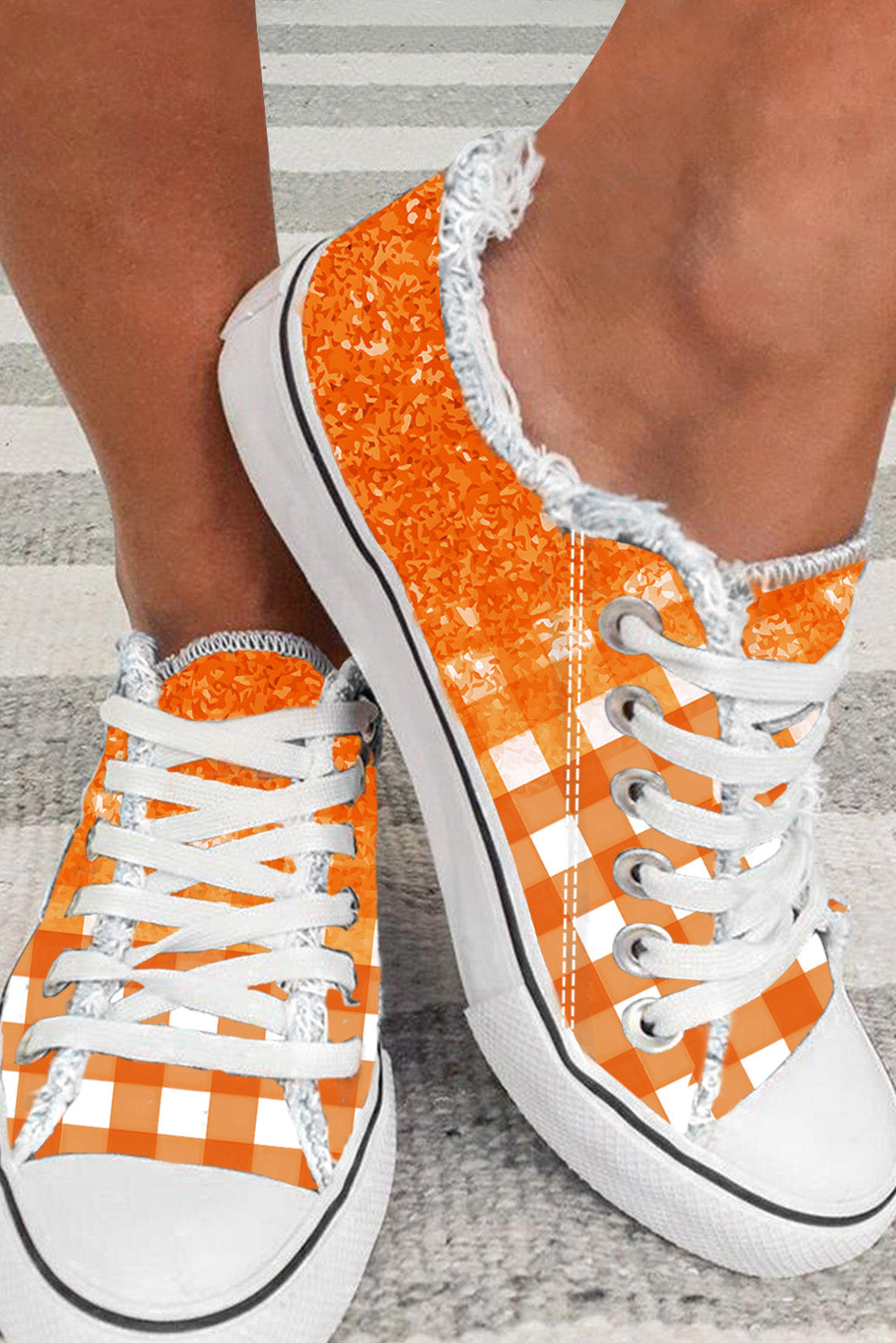 🧡 Fun & Flirty! 🍊 Orange Checkered Flat Canvas Shoes 👟✨