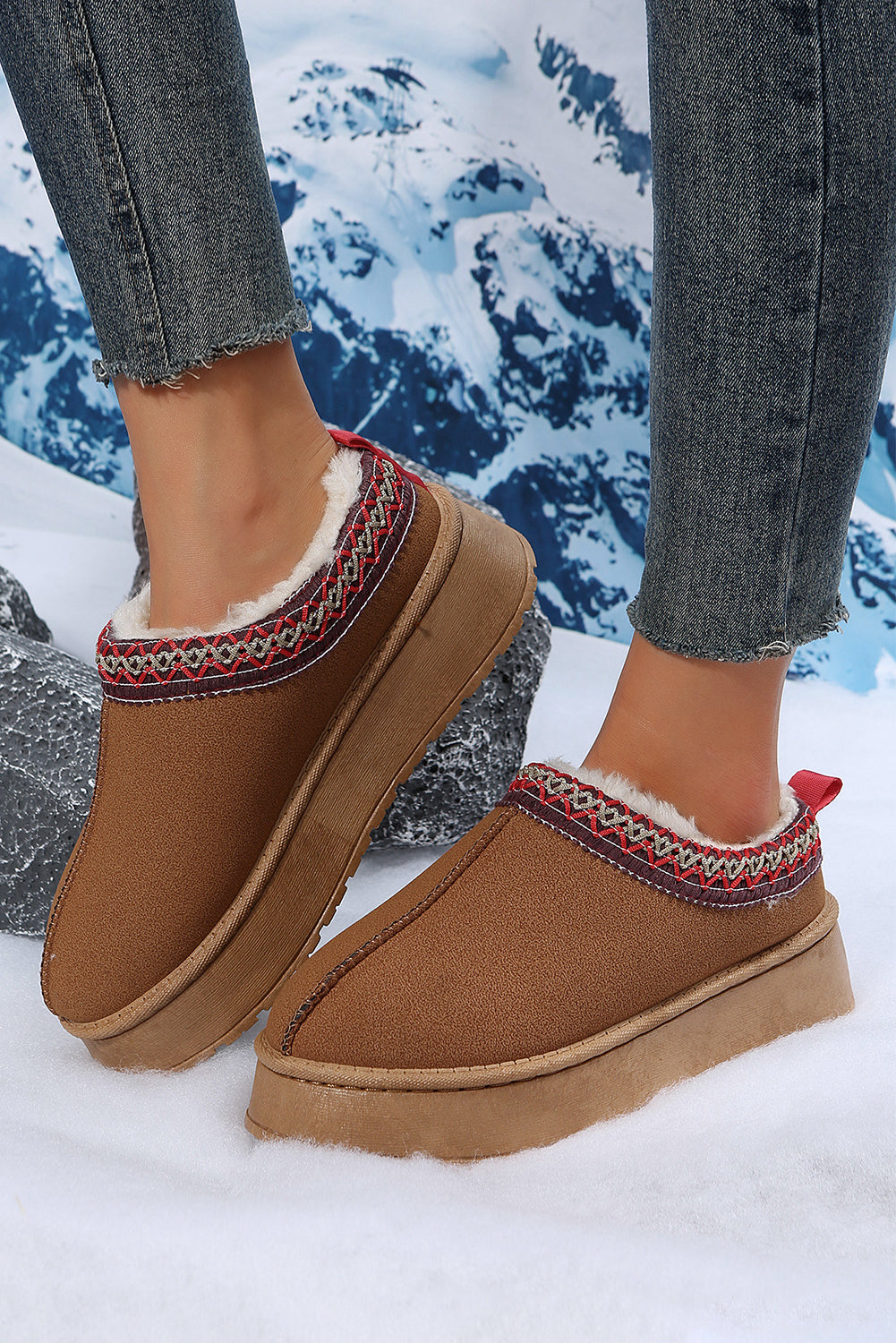 ❄️ Cozy Chic Alert! 🤎 | Chestnut Contrast Print Suede Plush Snow Boots 🧤