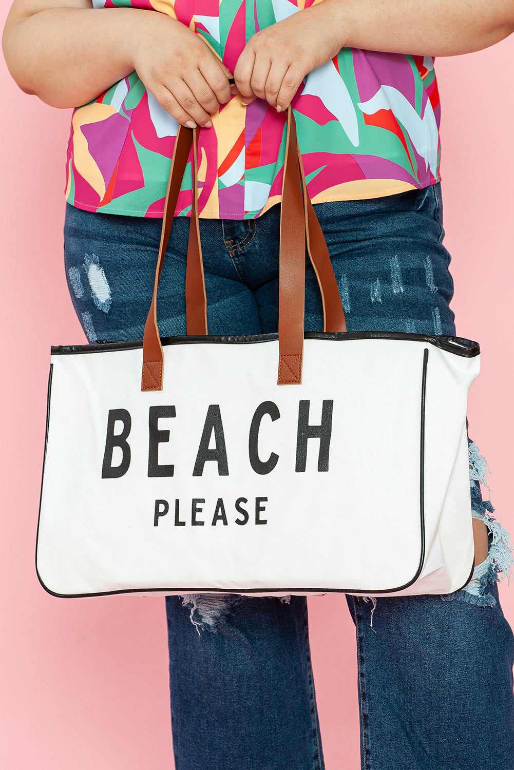 🏖️ Fun & Fabulous! 🤍 White “BEACH PLEASE” Print Large Canvas Tote Bag 👜✨