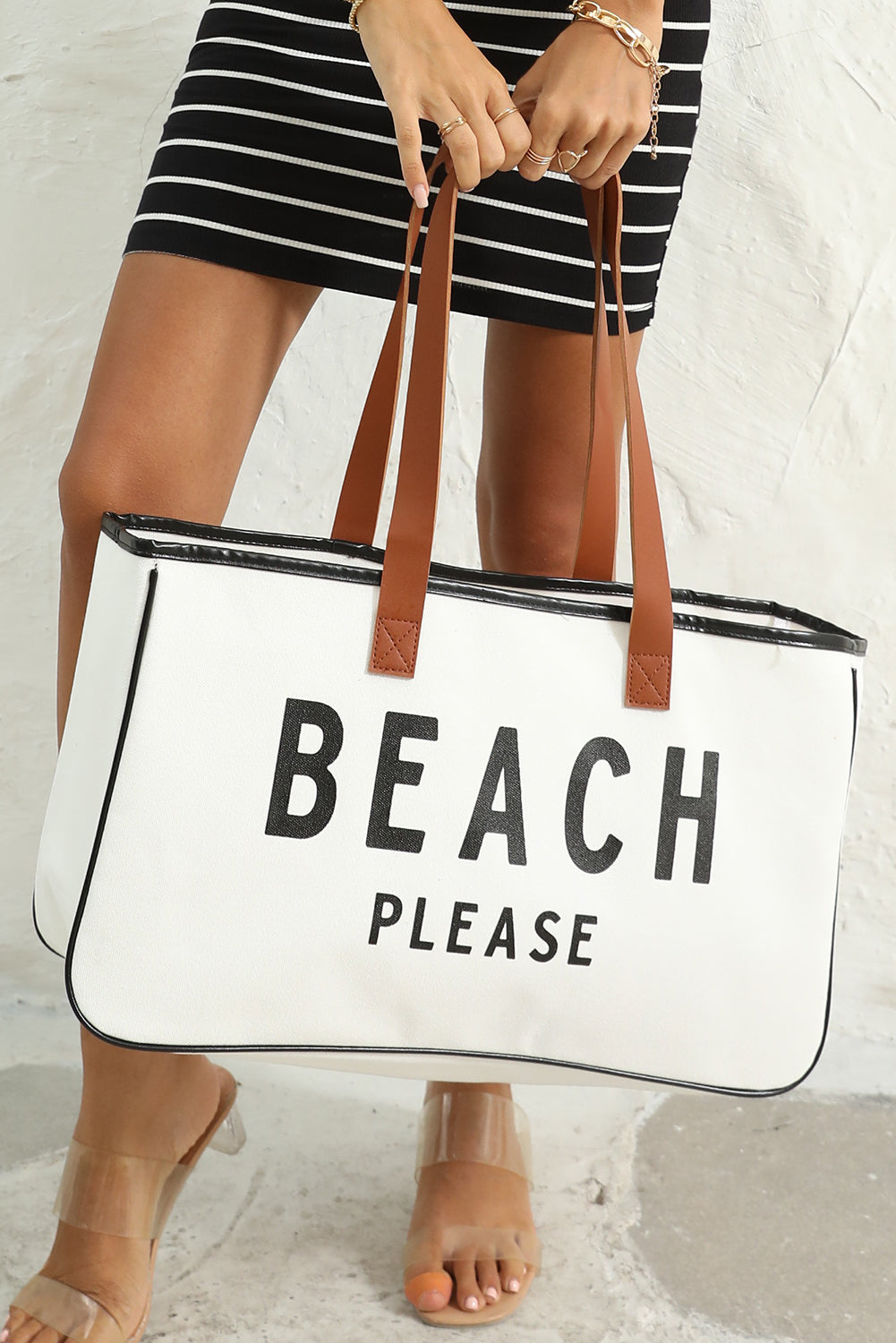 🏖️ Fun & Fabulous! 🤍 White “BEACH PLEASE” Print Large Canvas Tote Bag 👜✨