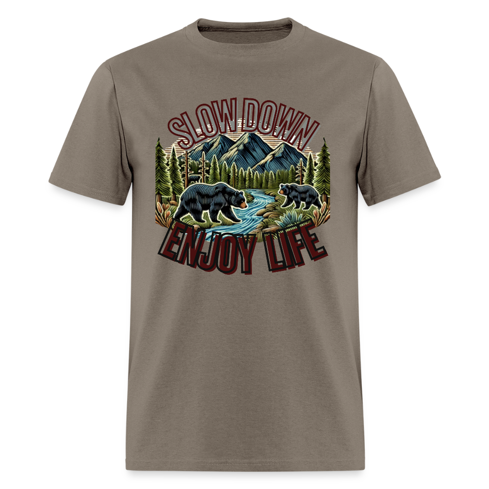 🏔️🐻 “Slow Down and Enjoy Life” Unisex T-Shirt 🌲✨ Mountains • Nature • Relaxation 💚 - safari