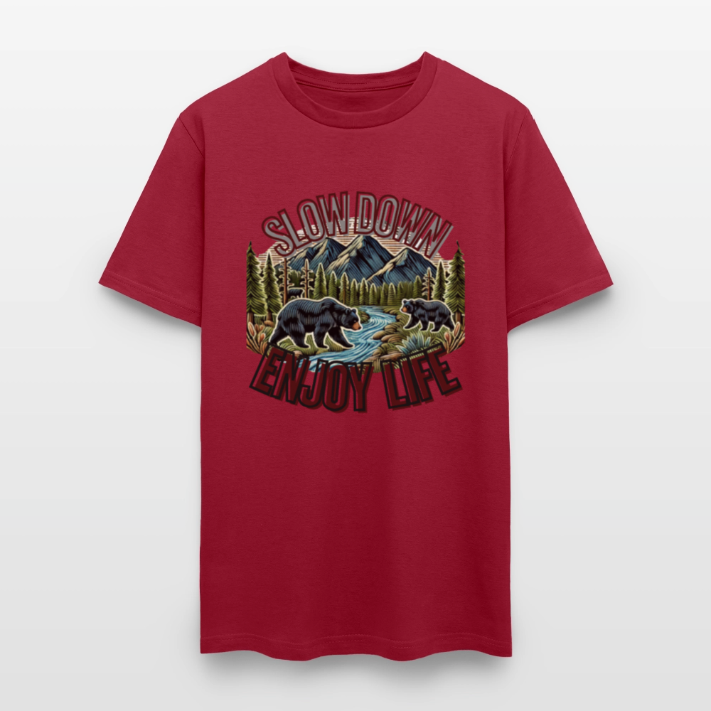 🏔️🐻 “Slow Down and Enjoy Life” Unisex T-Shirt 🌲✨ Mountains • Nature • Relaxation 💚 - dark red