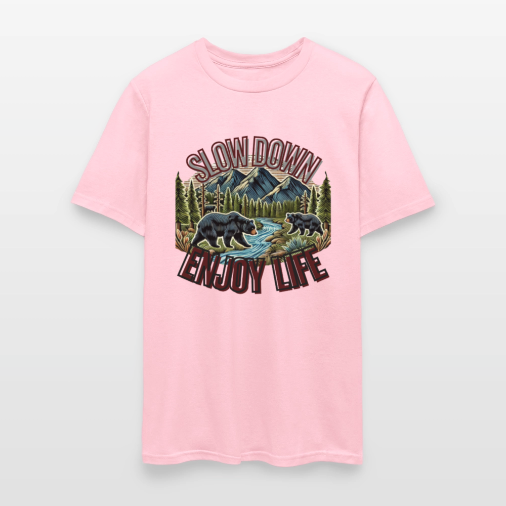 🏔️🐻 “Slow Down and Enjoy Life” Unisex T-Shirt 🌲✨ Mountains • Nature • Relaxation 💚 - pink