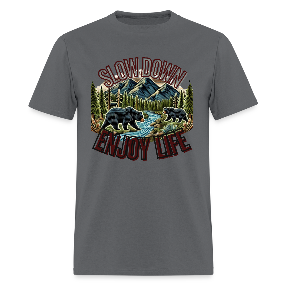 🏔️🐻 “Slow Down and Enjoy Life” Unisex T-Shirt 🌲✨ Mountains • Nature • Relaxation 💚 - charcoal
