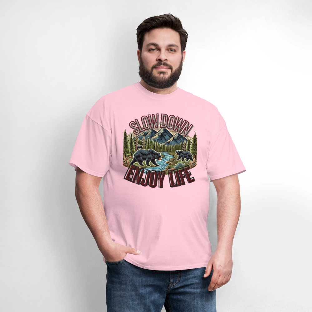 🏔️🐻 “Slow Down and Enjoy Life” Unisex T-Shirt 🌲✨ Mountains • Nature • Relaxation 💚 - pink