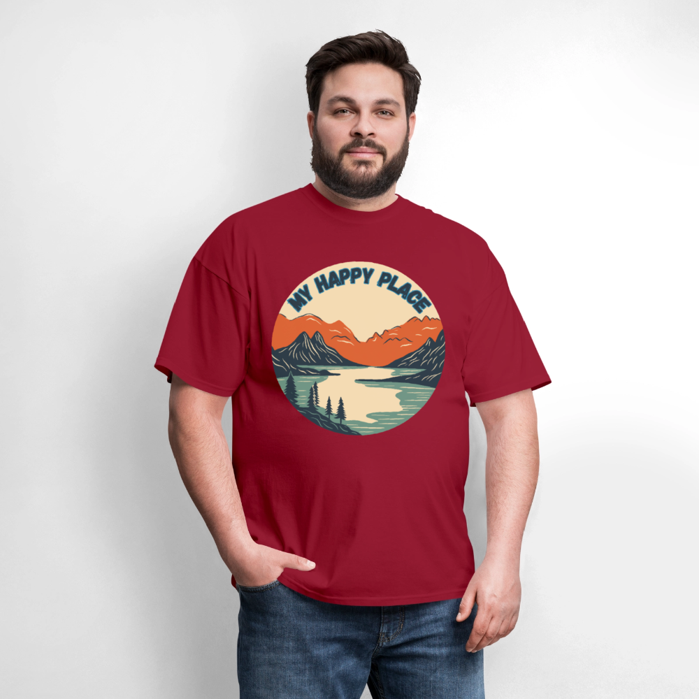 🏔️💚 “The Mountains Are My Happy Place” Unisex T-Shirt 🌲☀️ Peace • Adventure • Pure Joy 🌄✨ - dark red