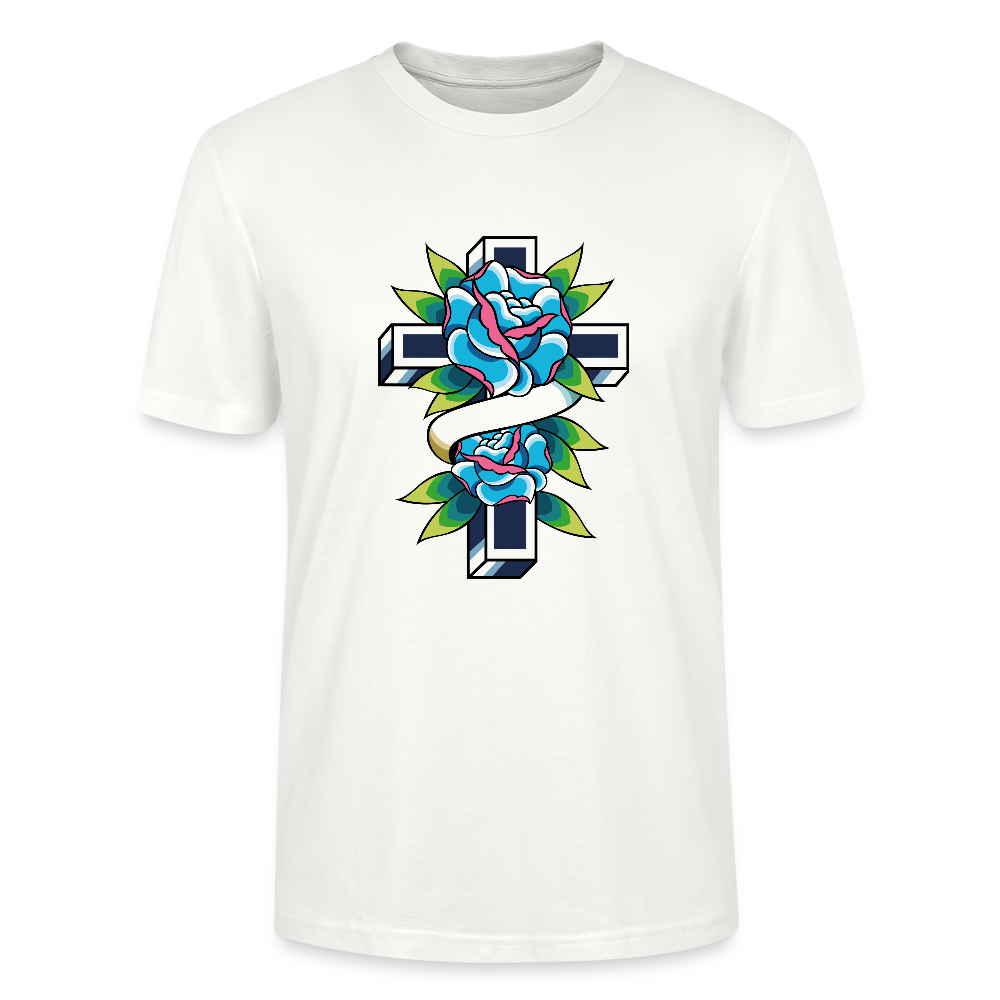 ✝️🌹 Faith & Beauty Unisex Organic T-Shirt – Cross with Blue Rose Graphic 🌿💙 - white