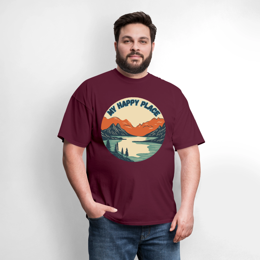 🏔️💚 “The Mountains Are My Happy Place” Unisex T-Shirt 🌲☀️ Peace • Adventure • Pure Joy 🌄✨ - burgundy