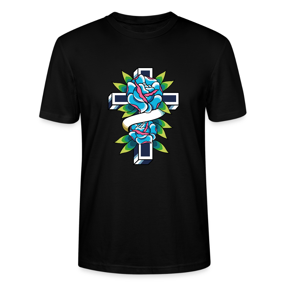 ✝️🌹 Faith & Beauty Unisex Organic T-Shirt – Cross with Blue Rose Graphic 🌿💙 - black