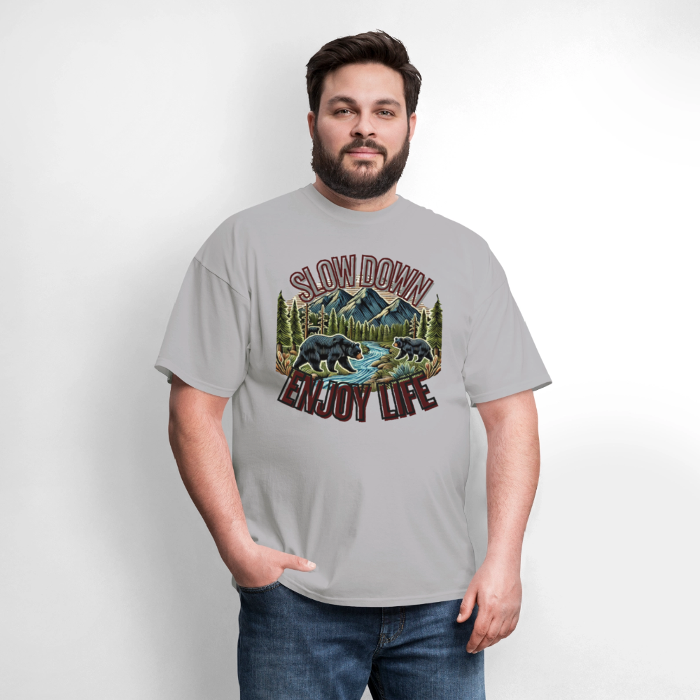 🏔️🐻 “Slow Down and Enjoy Life” Unisex T-Shirt 🌲✨ Mountains • Nature • Relaxation 💚 - gravel 