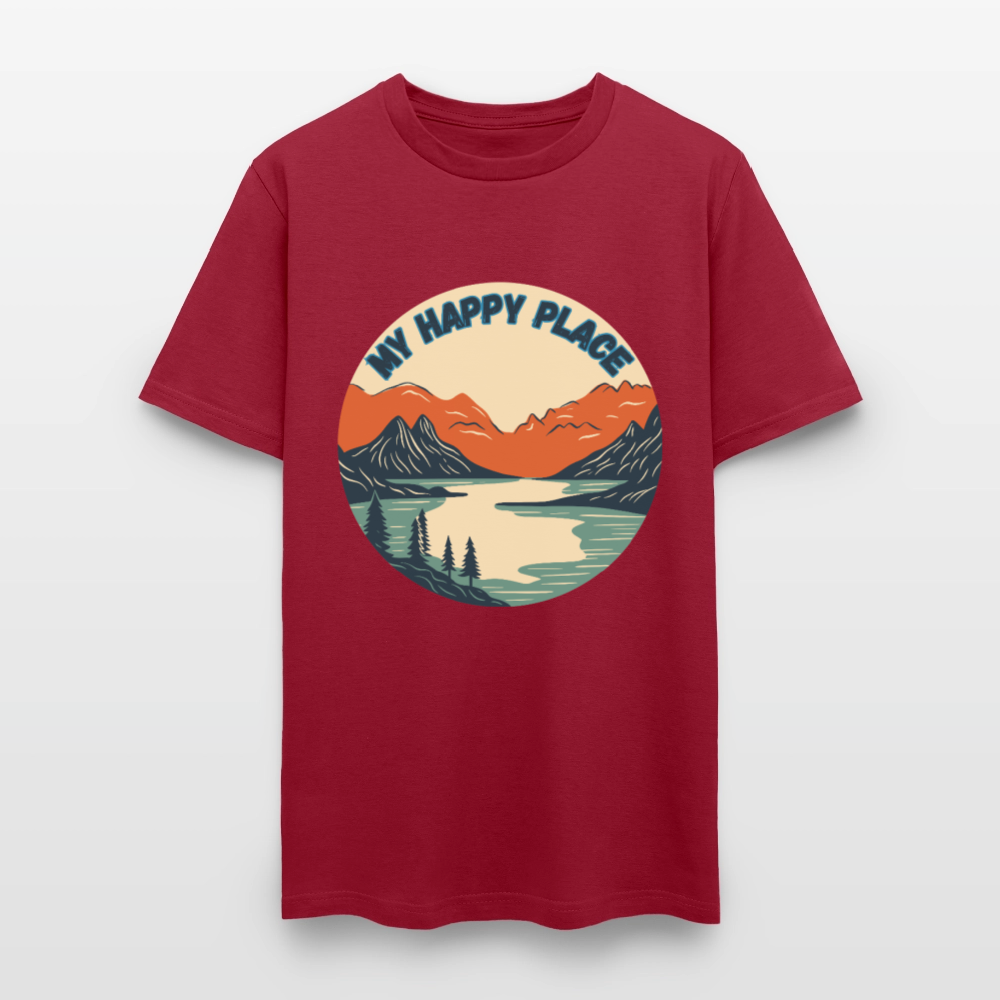 🏔️💚 “The Mountains Are My Happy Place” Unisex T-Shirt 🌲☀️ Peace • Adventure • Pure Joy 🌄✨ - dark red