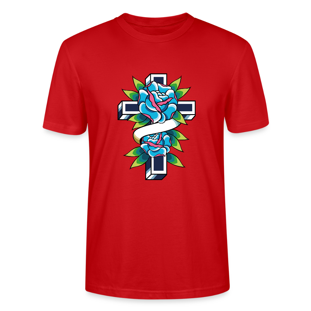 ✝️🌹 Faith & Beauty Unisex Organic T-Shirt – Cross with Blue Rose Graphic 🌿💙 - red