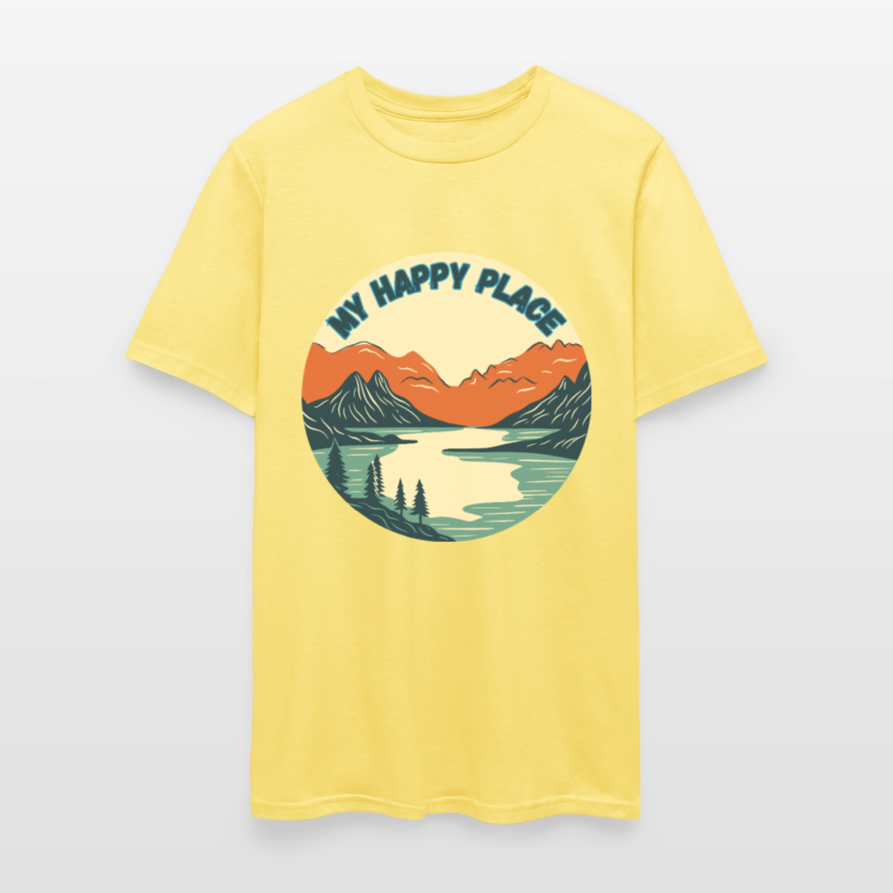 🏔️💚 “The Mountains Are My Happy Place” Unisex T-Shirt 🌲☀️ Peace • Adventure • Pure Joy 🌄✨ - cornsilk
