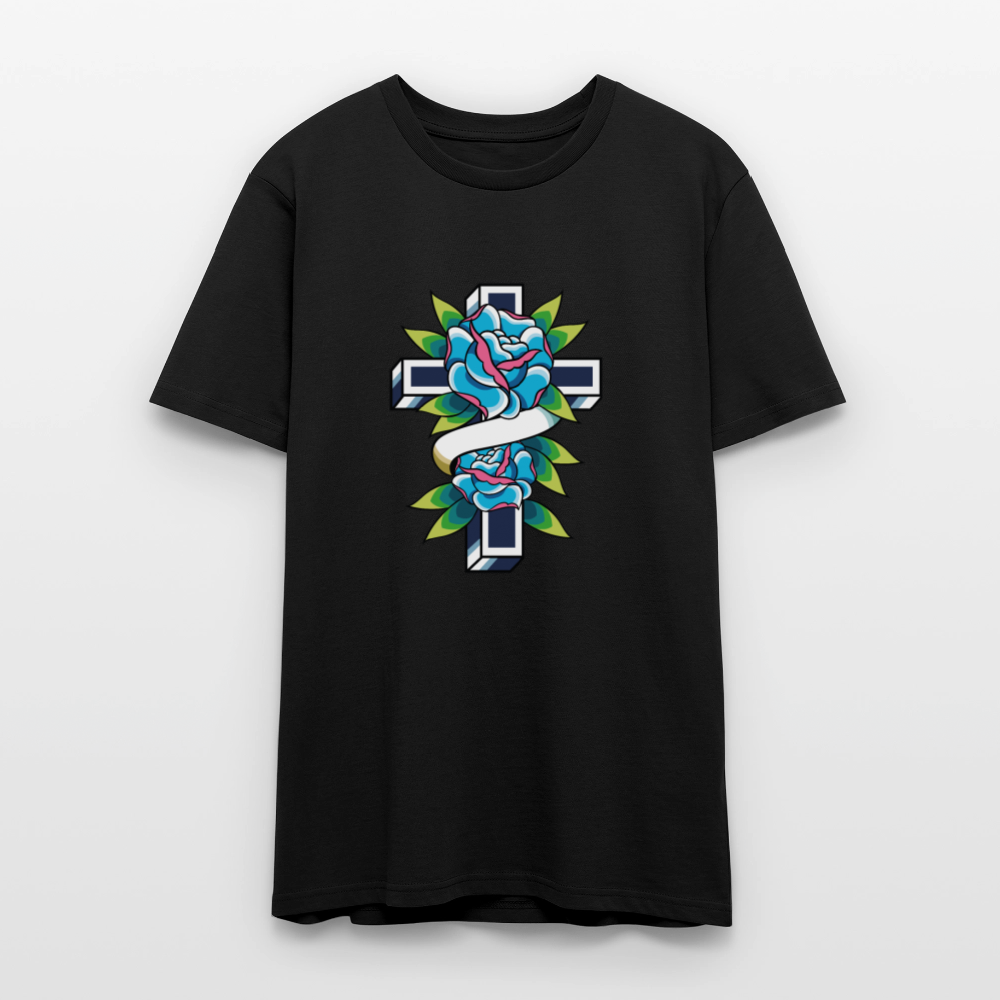✝️🌹 Faith & Beauty Unisex Organic T-Shirt – Cross with Blue Rose Graphic 🌿💙 - black