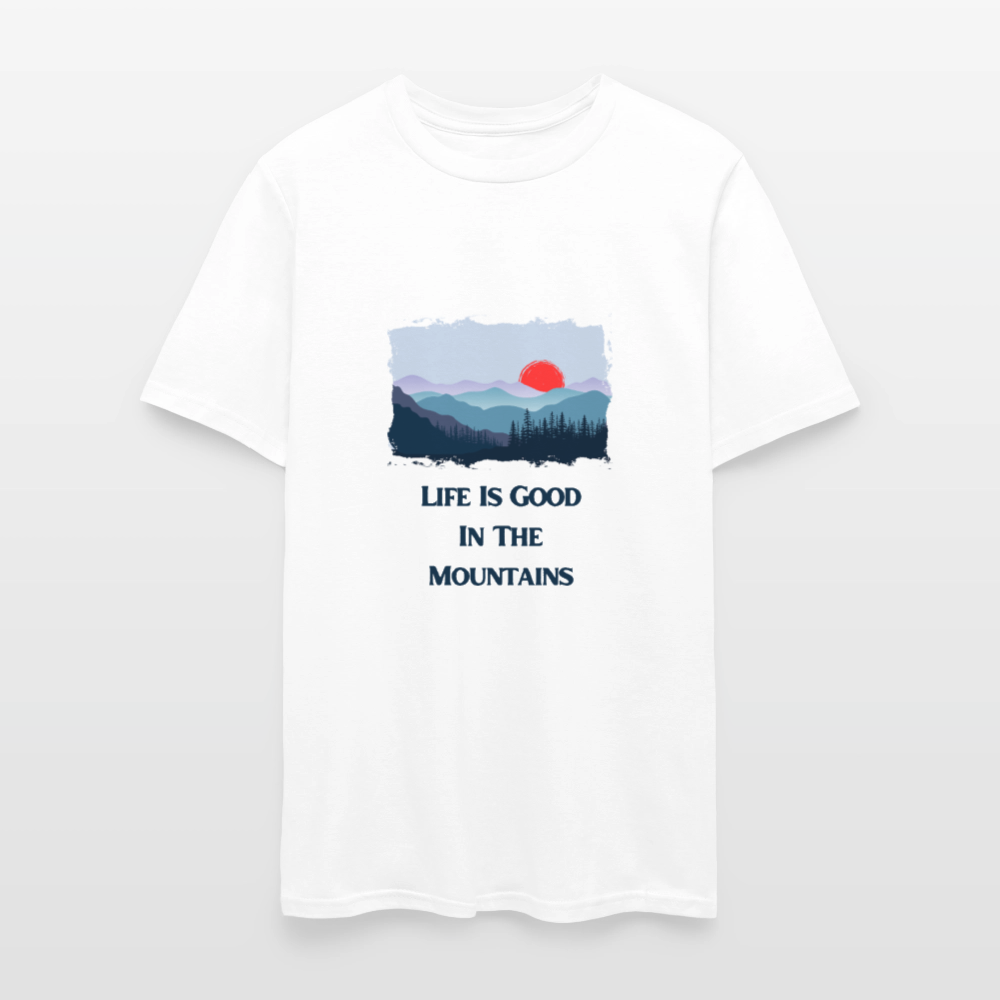 🌄🏕️ “Life is Good in the Mountains” Unisex T-Shirt 🏔️✨ Adventure • Peace • Good Vibes 🌲💚 - white
