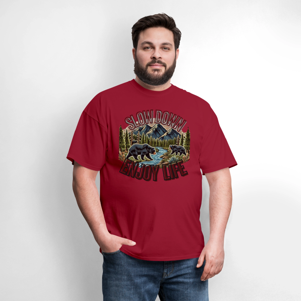 🏔️🐻 “Slow Down and Enjoy Life” Unisex T-Shirt 🌲✨ Mountains • Nature • Relaxation 💚 - dark red