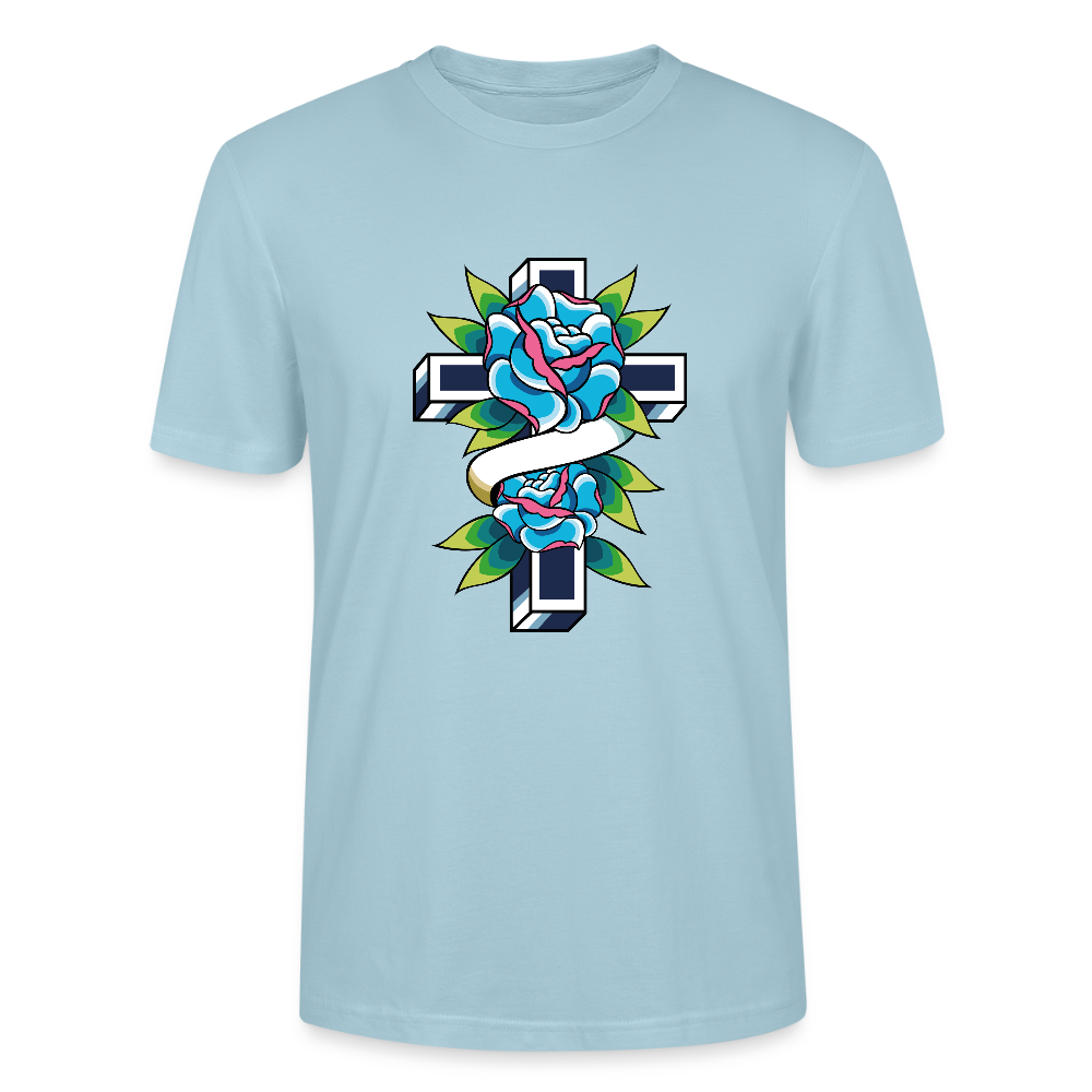 ✝️🌹 Faith & Beauty Unisex Organic T-Shirt – Cross with Blue Rose Graphic 🌿💙 - sky blue