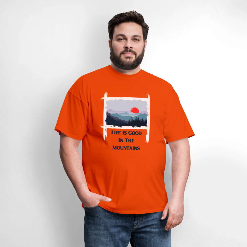 🌄🏕️ “Life is Good in the Mountains” Unisex T-Shirt 🏔️✨ Adventure • Peace • Good Vibes 🌲💚 - orange