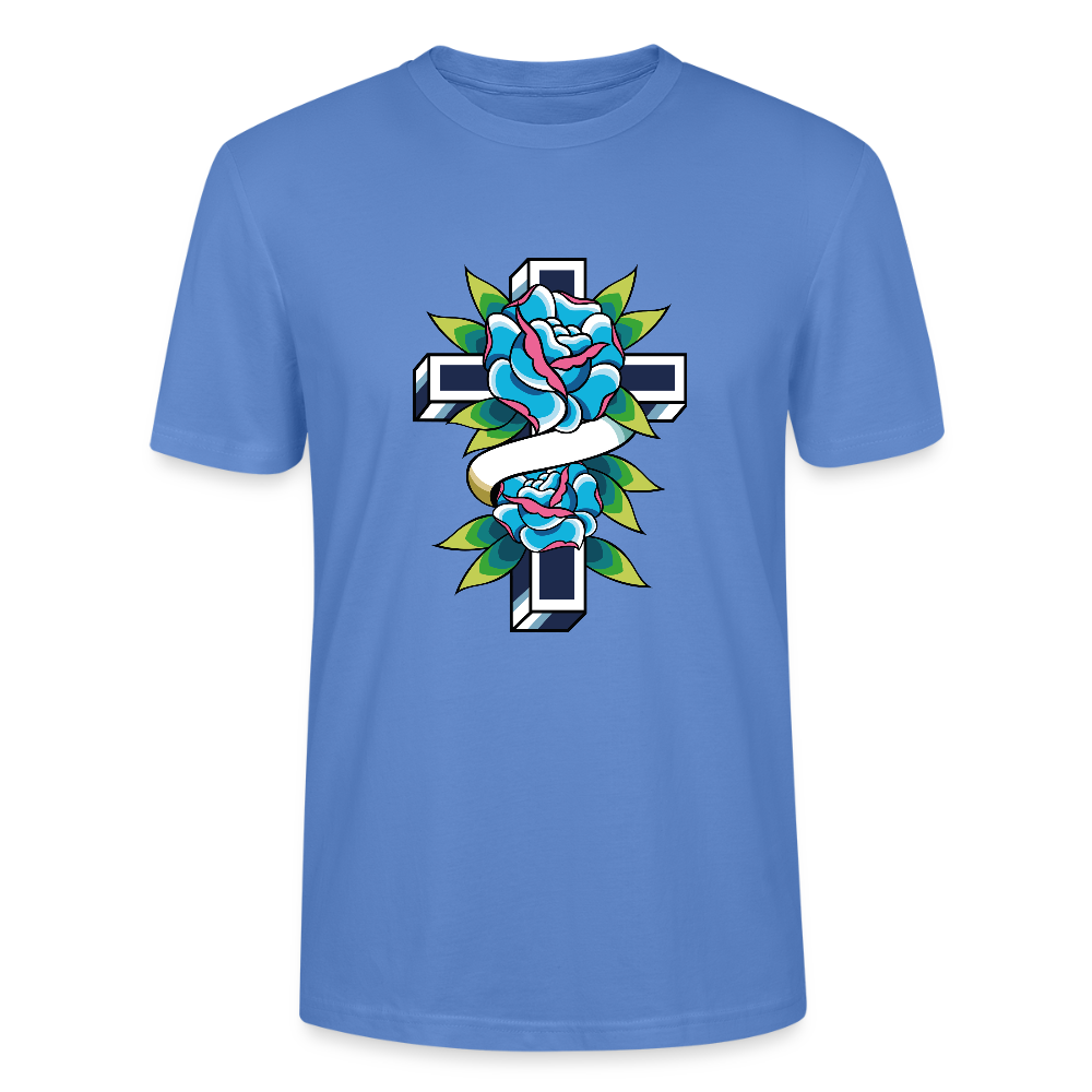✝️🌹 Faith & Beauty Unisex Organic T-Shirt – Cross with Blue Rose Graphic 🌿💙 - bright blue