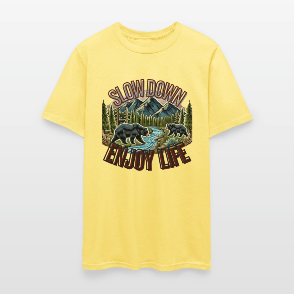🏔️🐻 “Slow Down and Enjoy Life” Unisex T-Shirt 🌲✨ Mountains • Nature • Relaxation 💚 - cornsilk