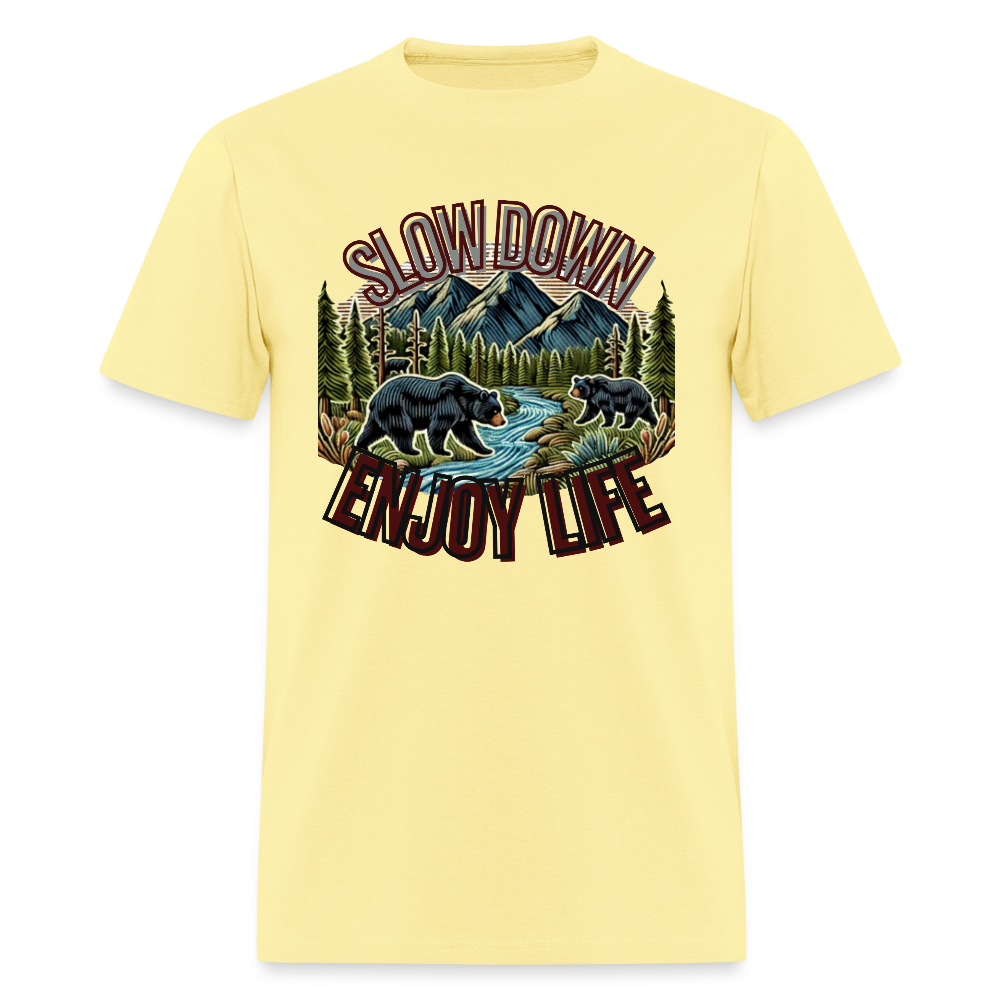 🏔️🐻 “Slow Down and Enjoy Life” Unisex T-Shirt 🌲✨ Mountains • Nature • Relaxation 💚 - cornsilk