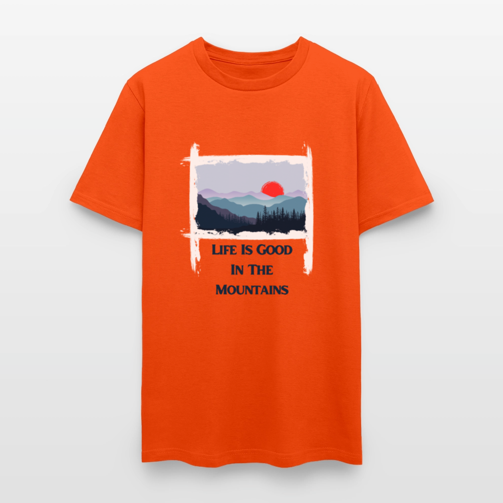 🌄🏕️ “Life is Good in the Mountains” Unisex T-Shirt 🏔️✨ Adventure • Peace • Good Vibes 🌲💚 - orange
