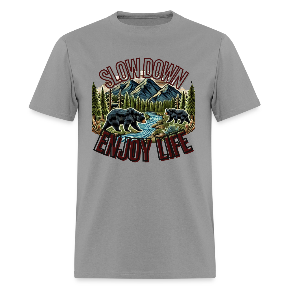 🏔️🐻 “Slow Down and Enjoy Life” Unisex T-Shirt 🌲✨ Mountains • Nature • Relaxation 💚 - gravel 