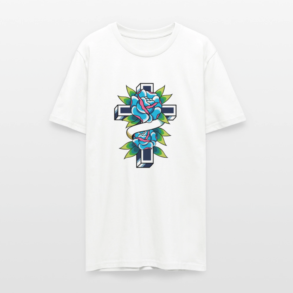 ✝️🌹 Faith & Beauty Unisex Organic T-Shirt – Cross with Blue Rose Graphic 🌿💙 - white