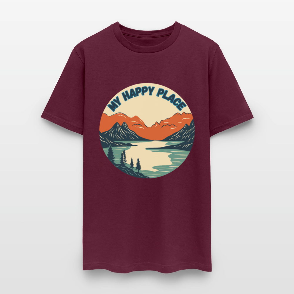 🏔️💚 “The Mountains Are My Happy Place” Unisex T-Shirt 🌲☀️ Peace • Adventure • Pure Joy 🌄✨ - burgundy