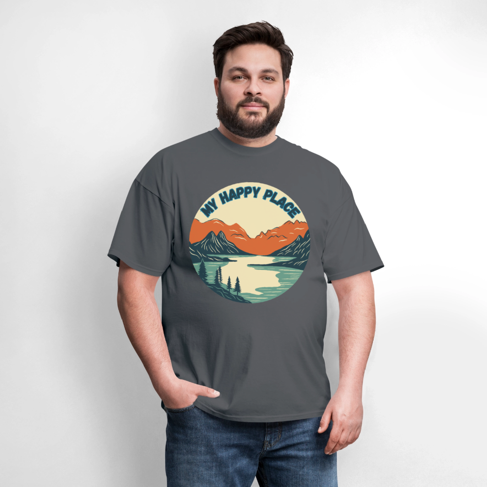 🏔️💚 “The Mountains Are My Happy Place” Unisex T-Shirt 🌲☀️ Peace • Adventure • Pure Joy 🌄✨ - charcoal