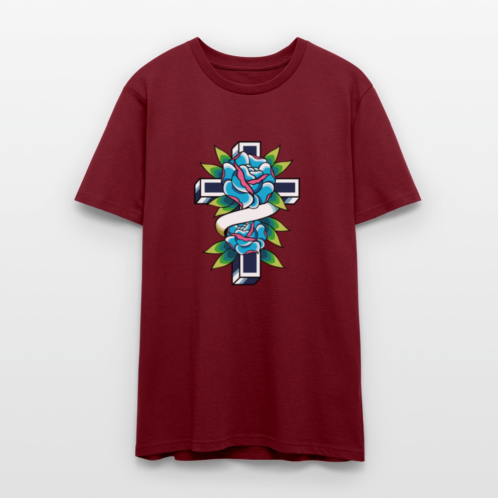 ✝️🌹 Faith & Beauty Unisex Organic T-Shirt – Cross with Blue Rose Graphic 🌿💙 - burgundy