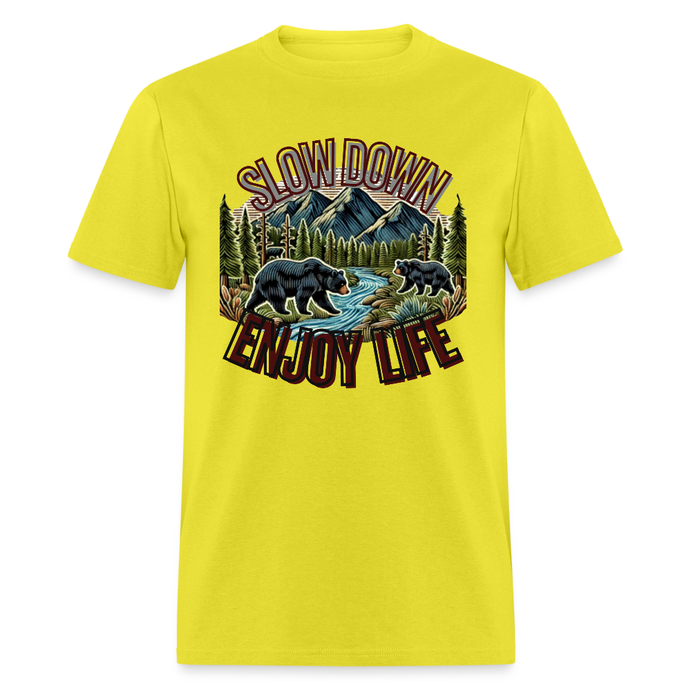 🏔️🐻 “Slow Down and Enjoy Life” Unisex T-Shirt 🌲✨ Mountains • Nature • Relaxation 💚 - yellow
