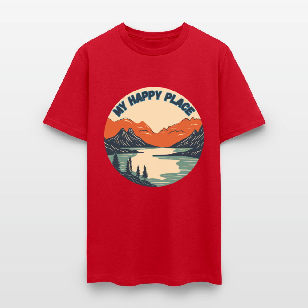 🏔️💚 “The Mountains Are My Happy Place” Unisex T-Shirt 🌲☀️ Peace • Adventure • Pure Joy 🌄✨ - red