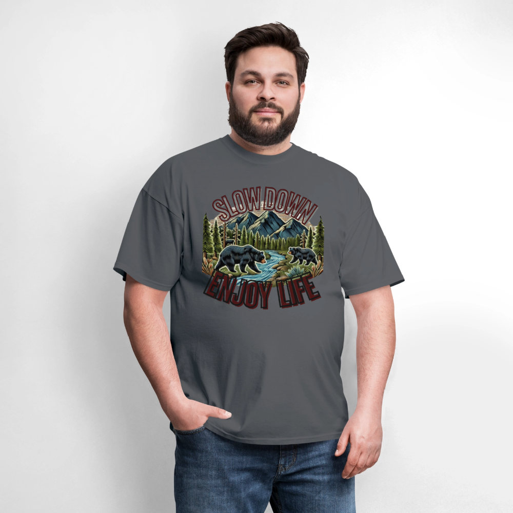 🏔️🐻 “Slow Down and Enjoy Life” Unisex T-Shirt 🌲✨ Mountains • Nature • Relaxation 💚 - charcoal