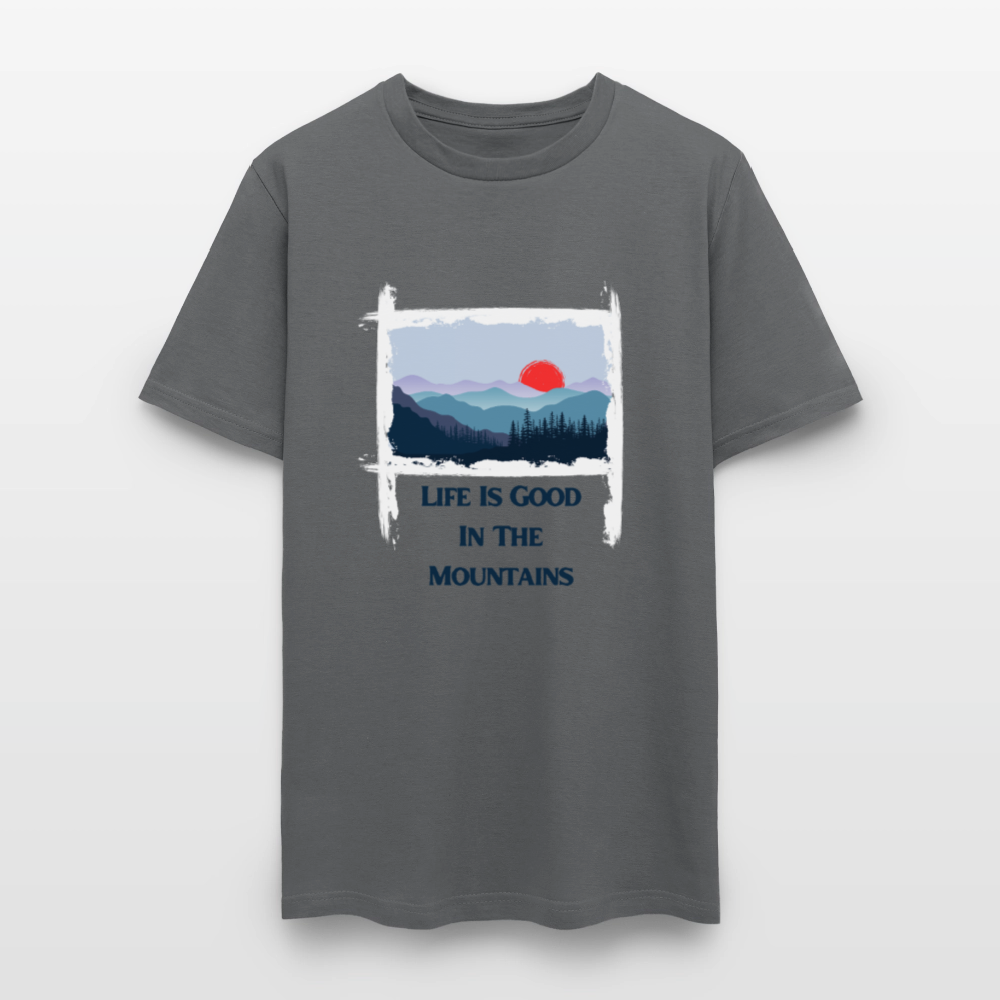 🌄🏕️ “Life is Good in the Mountains” Unisex T-Shirt 🏔️✨ Adventure • Peace • Good Vibes 🌲💚 - charcoal