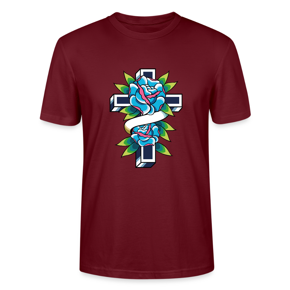 ✝️🌹 Faith & Beauty Unisex Organic T-Shirt – Cross with Blue Rose Graphic 🌿💙 - burgundy