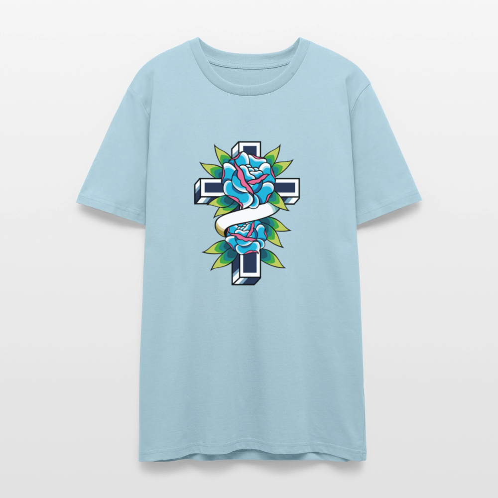 ✝️🌹 Faith & Beauty Unisex Organic T-Shirt – Cross with Blue Rose Graphic 🌿💙 - sky blue