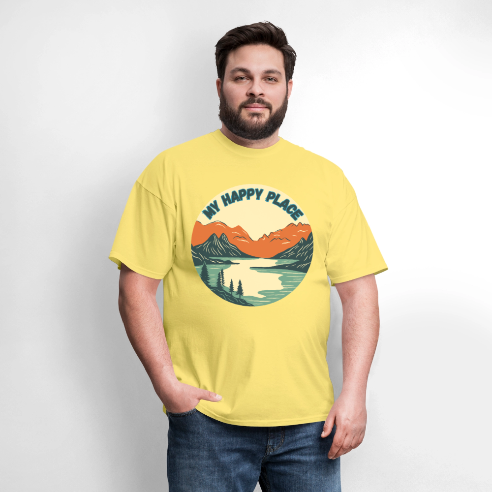 🏔️💚 “The Mountains Are My Happy Place” Unisex T-Shirt 🌲☀️ Peace • Adventure • Pure Joy 🌄✨ - cornsilk