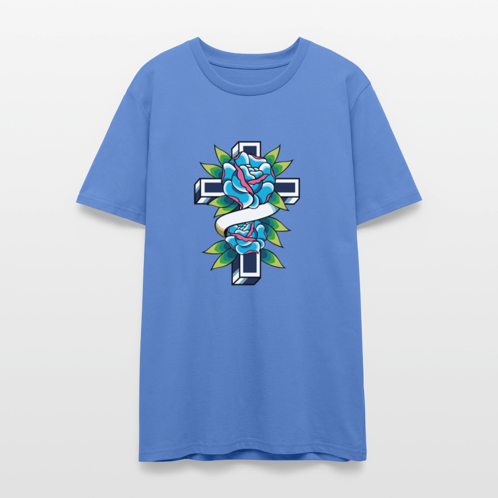 ✝️🌹 Faith & Beauty Unisex Organic T-Shirt – Cross with Blue Rose Graphic 🌿💙 - bright blue