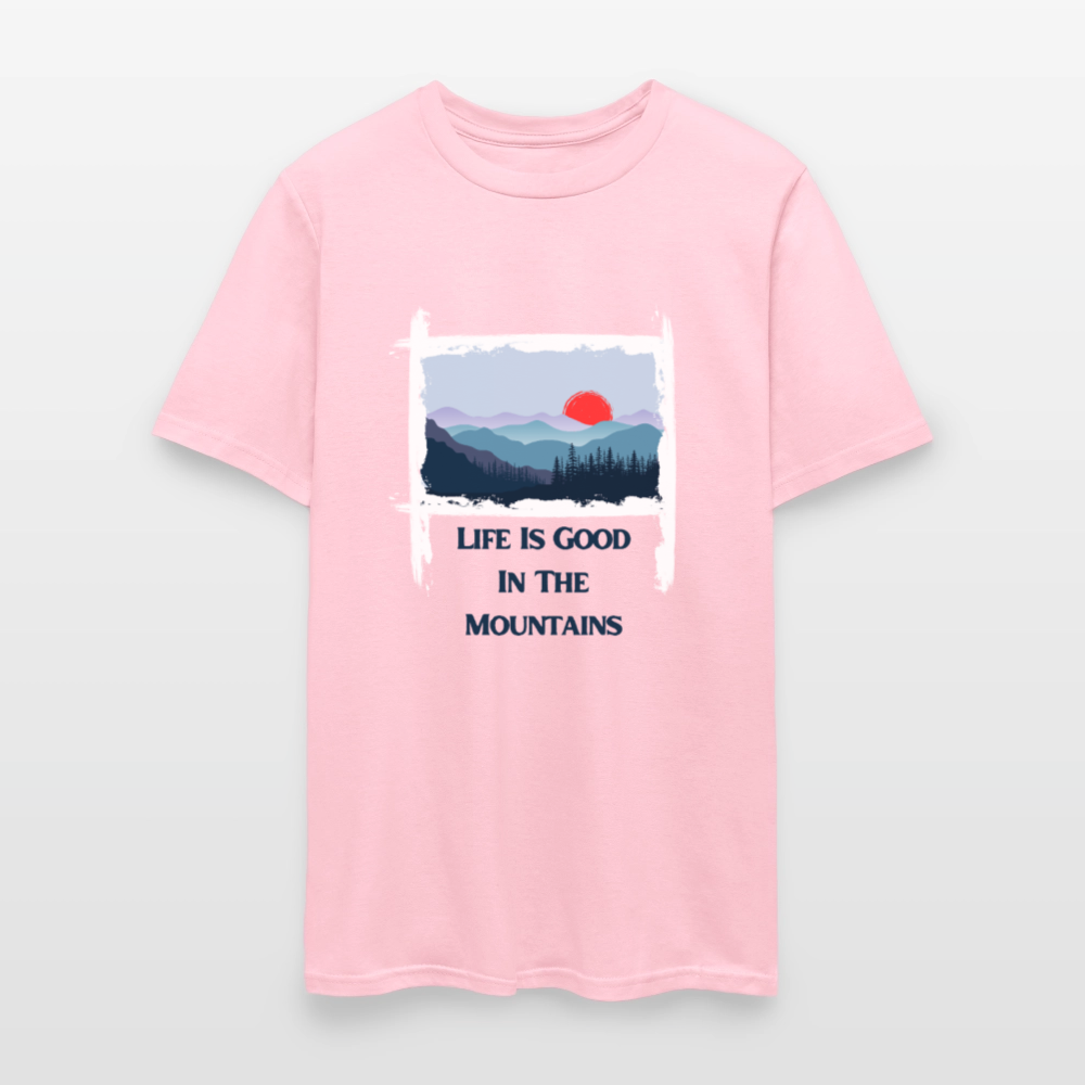 🌄🏕️ “Life is Good in the Mountains” Unisex T-Shirt 🏔️✨ Adventure • Peace • Good Vibes 🌲💚 - pink