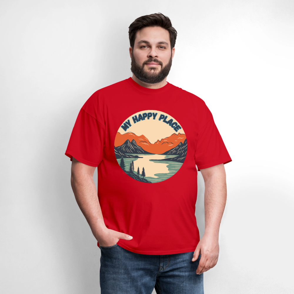🏔️💚 “The Mountains Are My Happy Place” Unisex T-Shirt 🌲☀️ Peace • Adventure • Pure Joy 🌄✨ - red
