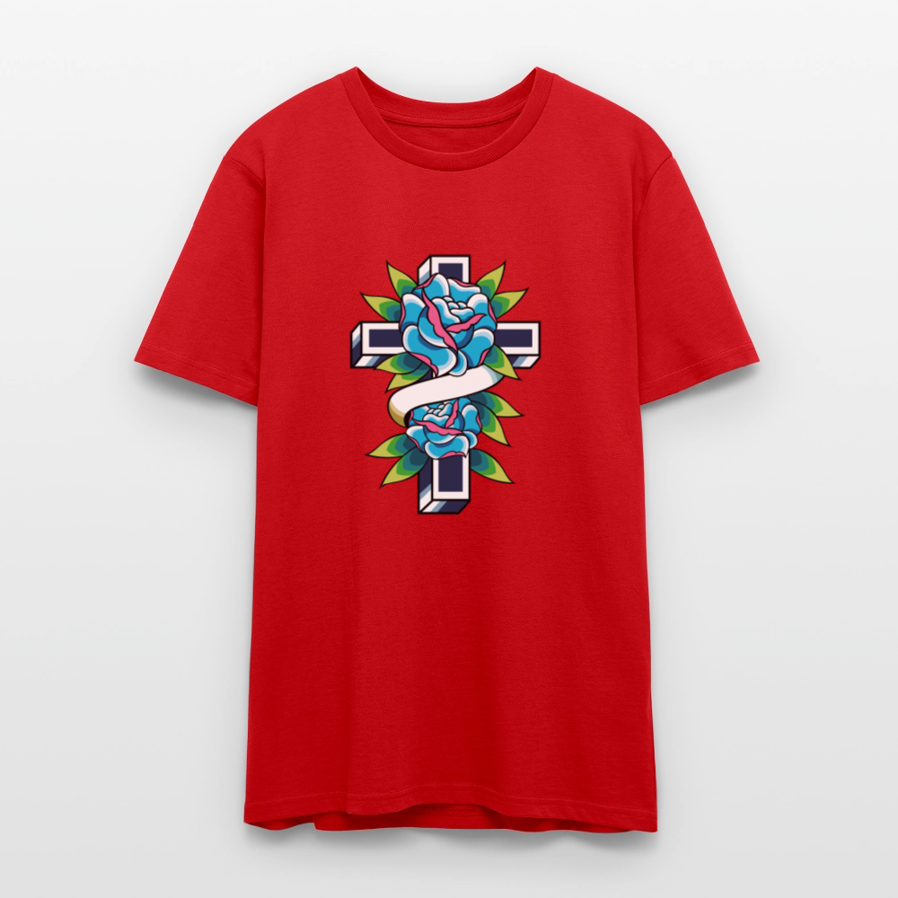 ✝️🌹 Faith & Beauty Unisex Organic T-Shirt – Cross with Blue Rose Graphic 🌿💙 - red