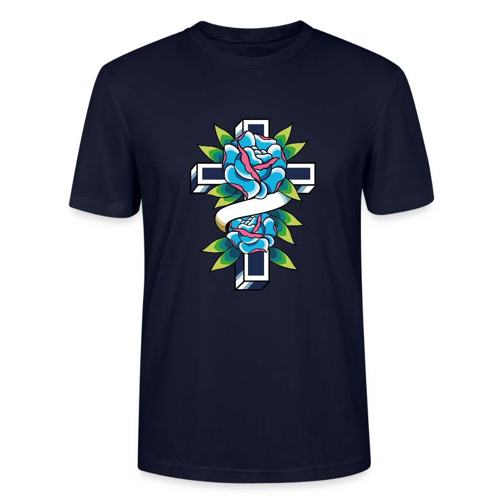 ✝️🌹 Faith & Beauty Unisex Organic T-Shirt – Cross with Blue Rose Graphic 🌿💙 - french navy