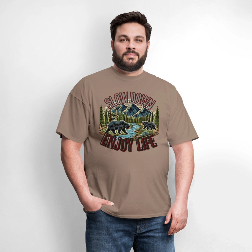 🏔️🐻 “Slow Down and Enjoy Life” Unisex T-Shirt 🌲✨ Mountains • Nature • Relaxation 💚 - safari