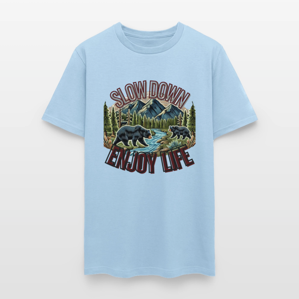 🏔️🐻 “Slow Down and Enjoy Life” Unisex T-Shirt 🌲✨ Mountains • Nature • Relaxation 💚 - powder blue