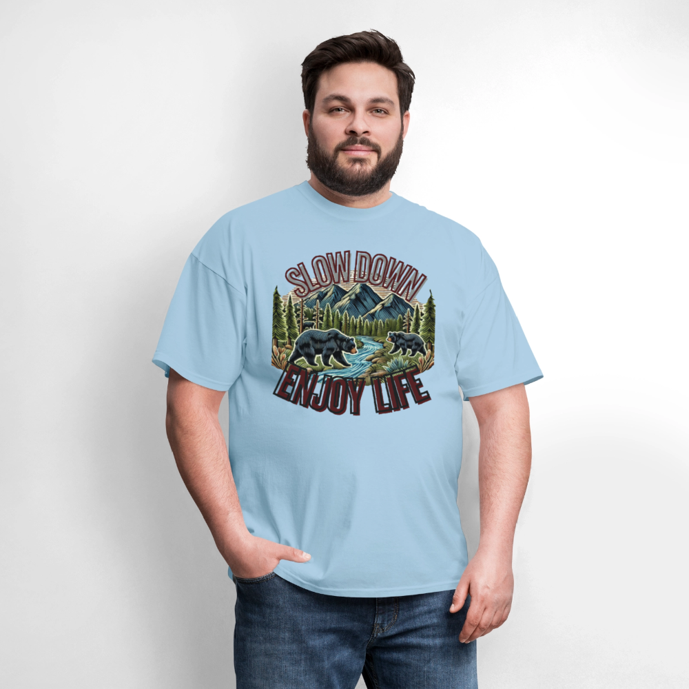 🏔️🐻 “Slow Down and Enjoy Life” Unisex T-Shirt 🌲✨ Mountains • Nature • Relaxation 💚 - powder blue