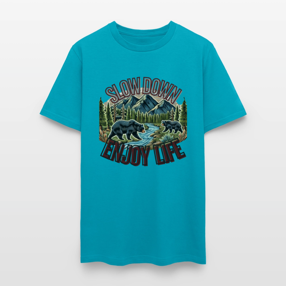🏔️🐻 “Slow Down and Enjoy Life” Unisex T-Shirt 🌲✨ Mountains • Nature • Relaxation 💚 - turquoise