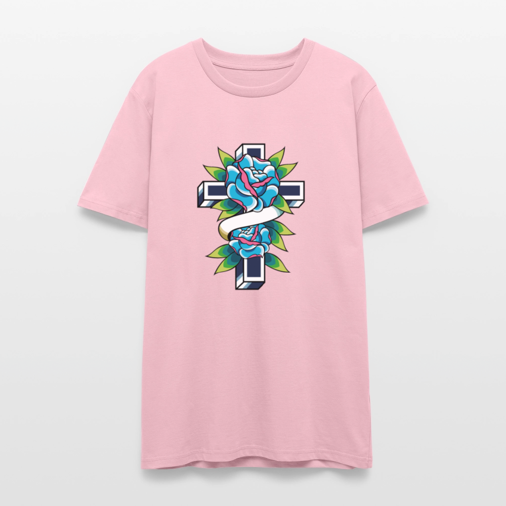 ✝️🌹 Faith & Beauty Unisex Organic T-Shirt – Cross with Blue Rose Graphic 🌿💙 - pale pink